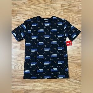 PUMA Youth XL Graphic Logo Print T-Shirt Black Blue Gold NWT